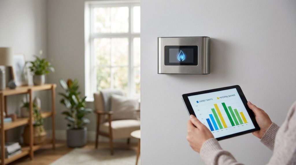 Hands hold a tablet showing energy tariffs and savings, next to a smart gas meter with a blue flame on a wall in a modern home.